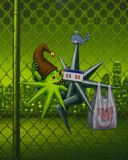 An illustration showing a green star-shaped creature with a wizard hat and a small whale with a cross on its head impaled on a larger star, alongside a price tag reading '$$$$' and a plastic bag labeled 'THANK YOU'.