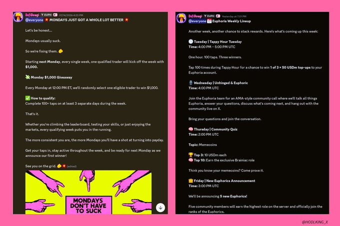 Screenshots of a Discord announcement from BeKingX outlining 'Mondays Just Got A Whole Lot Better' and 'Euphoria Weekly Lineup' with various events and giveaways.
