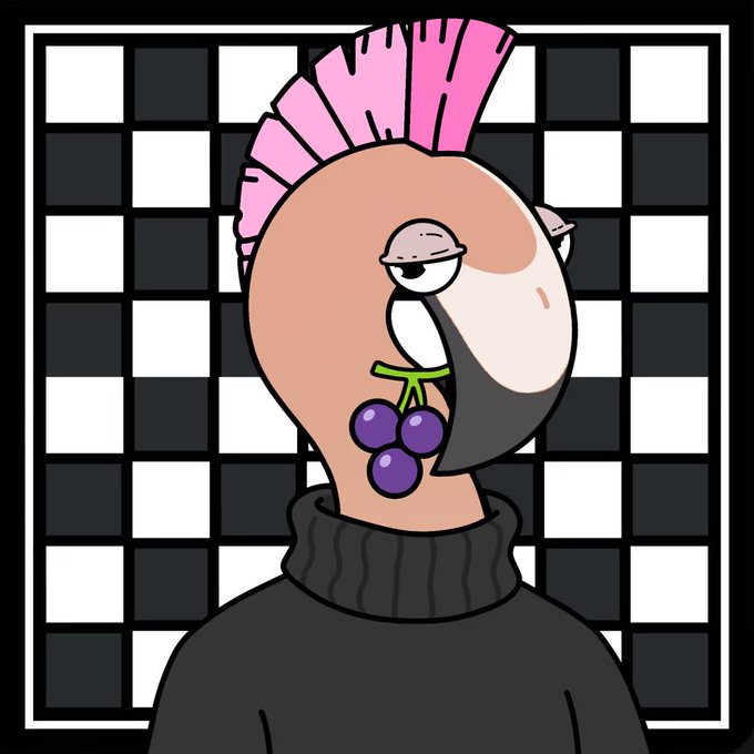 A cartoon character with a pink mohawk, holding purple grapes in its mouth, standing in front of a black-and-white checkered background.