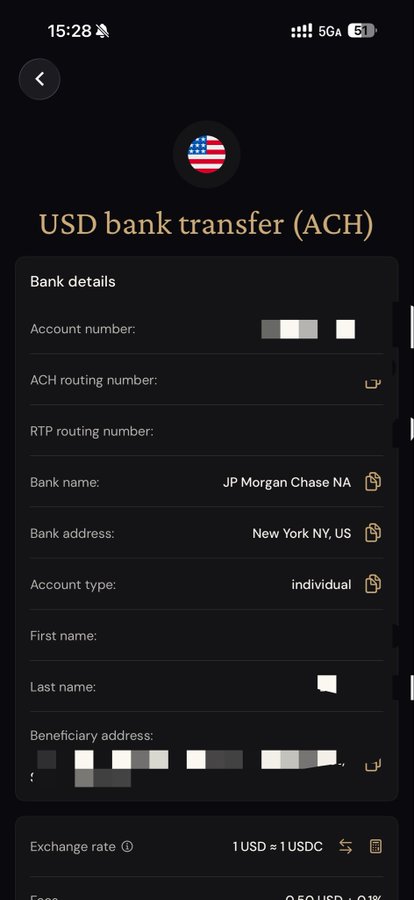 A mobile app interface showing a 'USD bank transfer (ACH)' screen with bank details including JP Morgan Chase NA, New York NY, US, and an exchange rate of 1 USD = 1 USDC.