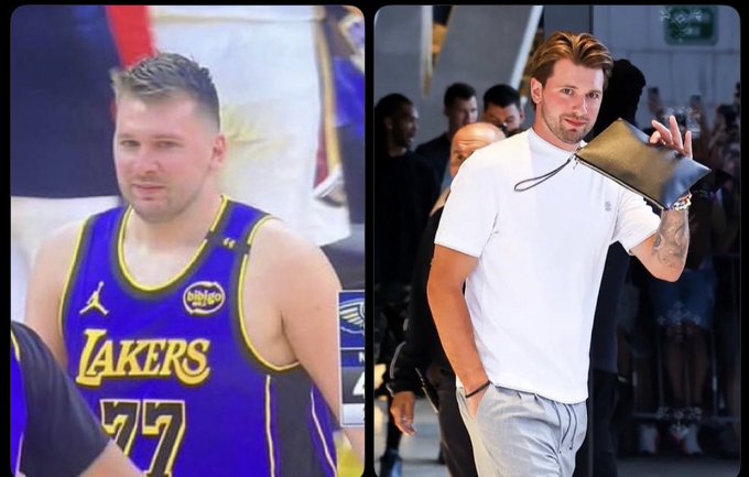 A side-by-side comparison of NBA player Luka Dončić, showing him in his current Los Angeles Lakers #77 jersey on the left and a more lean physique on the right.