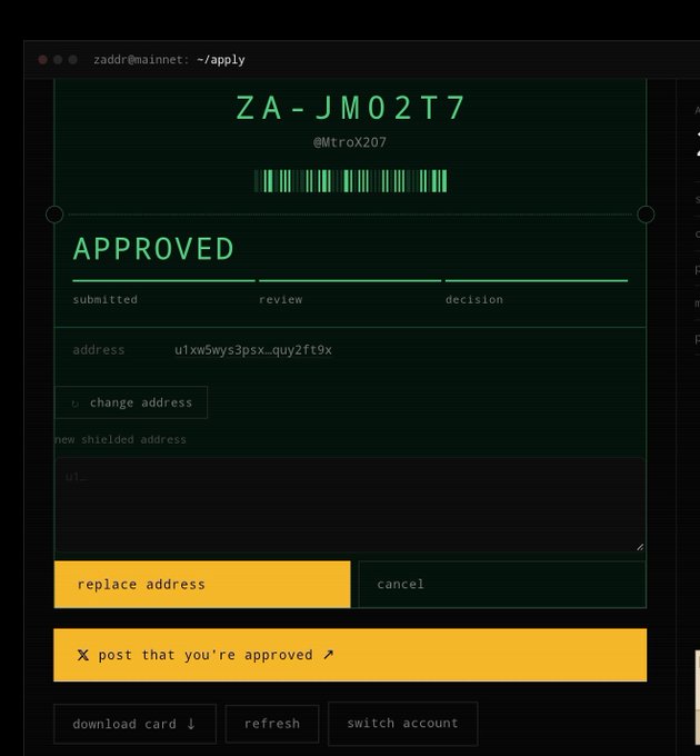 A terminal-style application interface showing 'APPROVED' status with the code 'ZA-JM02T7 @MtroXZ07', an address field, and buttons for 'replace address' and 'cancel'.
