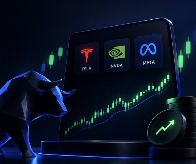 A 3D-rendered graphic showing a bull statue facing a screen displaying stock tickers 'TSLA', 'NVDA', and 'META' with green upward candlestick charts and a rising trend icon.