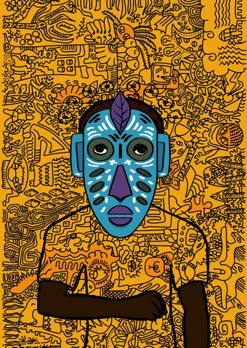 A vibrant illustration features a figure wearing a tribal-style blue mask with white markings and a purple forehead ornament, set against a dense, orange background filled with black doodle-like drawings.