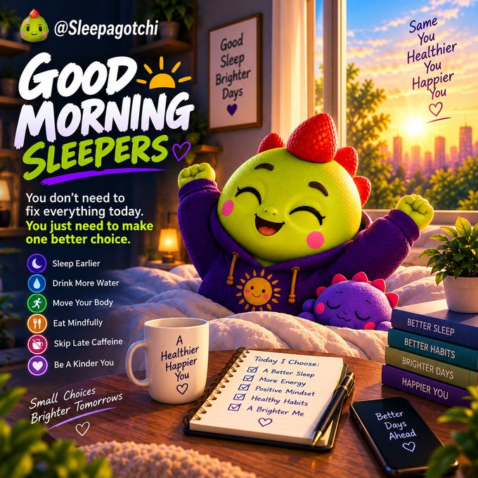 @Sleepagotchi motivational poster titled 'Good Morning Sleepers' featuring a green dinosaur mascot, promoting healthier habits like sleeping earlier, drinking water, and mindful eating.