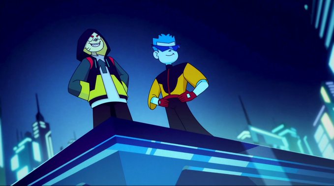 Two animated characters standing on a rooftop overlooking a neon-lit futuristic city at night.