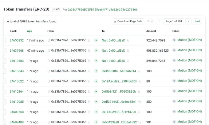 A blockchain explorer screenshot showing ERC-20 token transfers for address '0x33fA782dB72FB755ae64f71c3d326c93e027B366', displaying multiple 'Motion (MOTION)' token transactions with amounts in the hundreds of thousands.