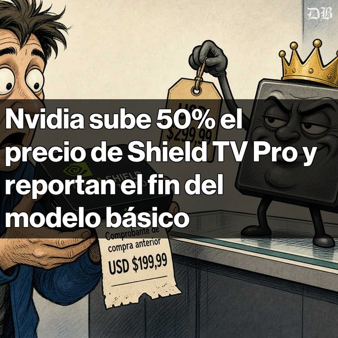 A news headline in Spanish reads 'Nvidia sube 50% el precio de Shield TV Pro y reportan el fin del modelo básico' over an illustration of a shocked man comparing an old $199.99 receipt to a new $299.00 price tag held by a crowned device.