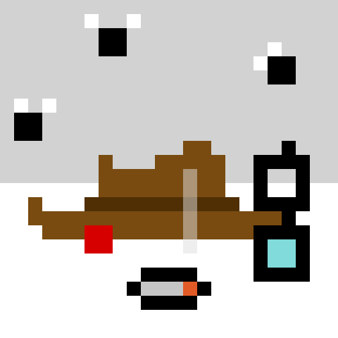 A pixel art illustration of a wooden boat with a black smokestack against a gray sky, with a small pixelated figure standing below it.