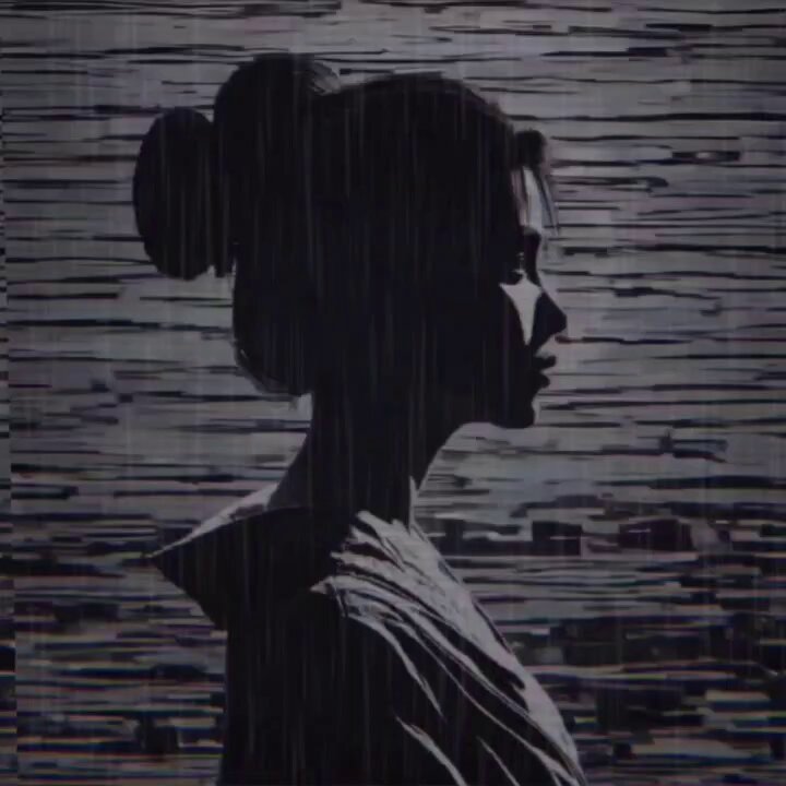 The image features a woman's profile, captured as a silhouette against a dark background with vertical lines. The woman has her hair tied up in a bun, giving her an elegant appearance. The photo appears to be taken from a low angle, which emphasizes the woman's profile and adds depth to the scene. The overall atmosphere of the image is mysterious and intriguing due to its artistic style and composition.