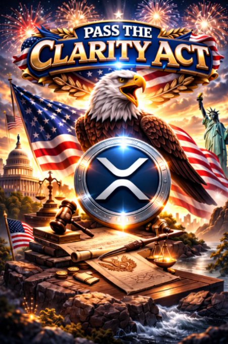 A promotional graphic featuring a bald eagle, an XRP (Ripple) cryptocurrency coin, American flags, the US Capitol, and the Statue of Liberty, with text reading 'PASS THE CLARITY ACT'.