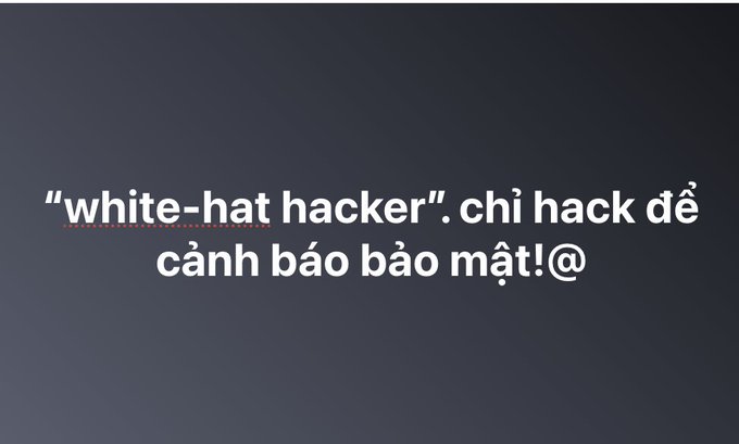 A dark blue background displaying text that reads '"white-hat hacker". chi hack để cảnh báo bảo mật!' with "white-hat hacker" underlined in red.