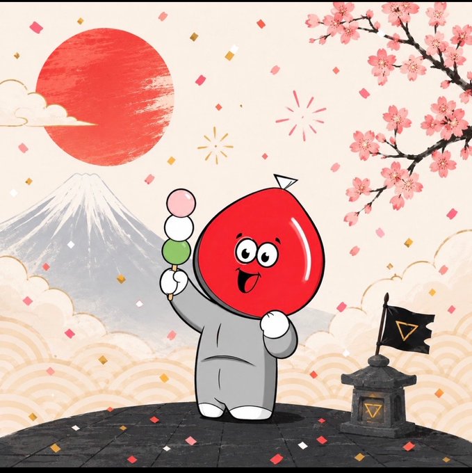 A cheerful red mascot character with a small triangular emblem on its head holds up three colorful dango (pink, white, and green) against a Japanese backdrop featuring Mount Fuji, a red sun, cherry blossoms, and traditional wave patterns, with a small stone lantern bearing a triangular flag nearby. The triangular emblem on the character and the lantern's flag likely reference the "$TRIANGLE" (TRIANGLE) ticker mentioned in the caption, suggesting the post is teasing an upcoming launch or partnership with MochimonsIP that appears well-planned.