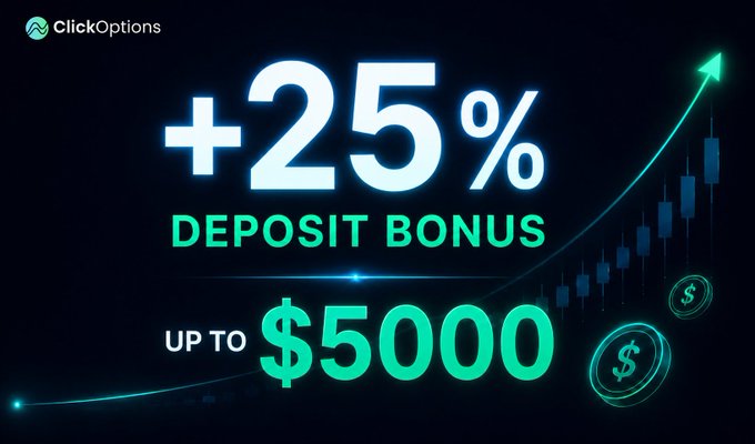 A promotional graphic for ClickOptions featuring a '+25% DEPOSIT BONUS' offer up to '$5000' next to an ascending chart.