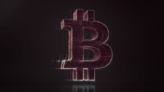 A 3D rendered Bitcoin (₿) logo with a textured, glitchy dark red/pink appearance against a black background.
