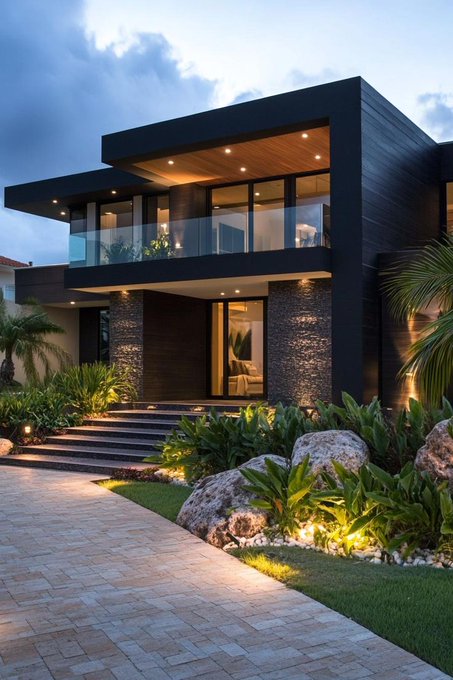A modern, two-story black luxury home glows warmly against the twilight sky, with landscaped stone pathways and lush greenery framing its illuminated windows. The sleek, upscale architecture mirrors the bullish confidence expressed in the caption about @quipnetwork, suggesting prosperity and high-value investment.