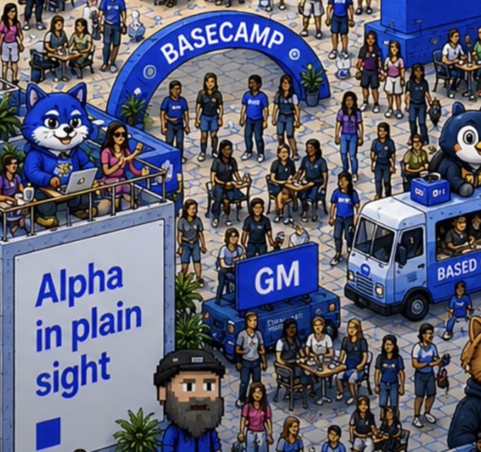 A cartoon-style isometric illustration of a busy 'BASECAMP' event with crowds of people, a blue mascot, and signs reading 'Alpha in plain sight' and 'GM'.