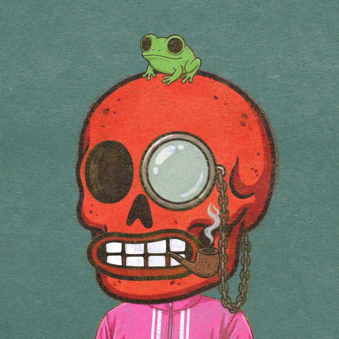 A digital illustration of a red skull with a monocle, smoking a wooden pipe, wearing a pink track jacket, with a small green frog sitting on top of its head.