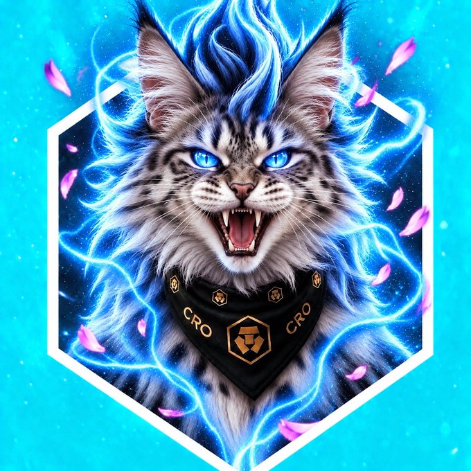 Digital artwork of a fierce, snarling cat with bright blue eyes surrounded by electric blue energy and pink petals, wearing a bandana with 'CRO' logos, set within a hexagonal frame on a cyan background.