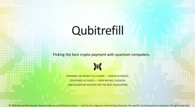 A light green and blue gradient background displays 'Qubitrefill' with the tagline 'Picking the best crypto payment with quantum computers' and a Quip Network logo.