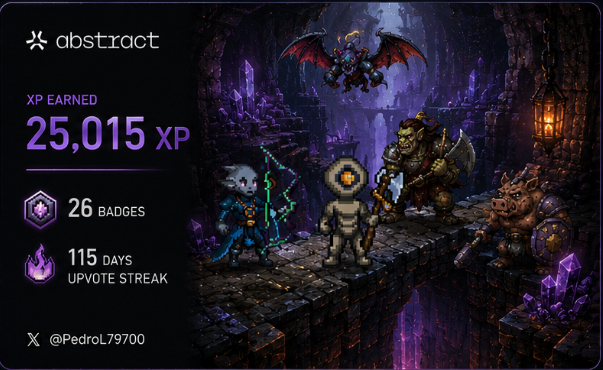 An Abstract app screen displaying 25,015 XP earned, 26 badges, and a 115-day upvote streak, alongside pixel-art characters including a bat, an archer, and warriors in a fantasy dungeon setting, credited to @PedroL79700.