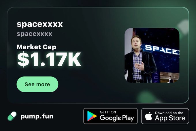 A promotional banner for a token named 'spacexxxxx' on pump.fun, displaying a market cap of $1.17K alongside an image of Elon Musk.
