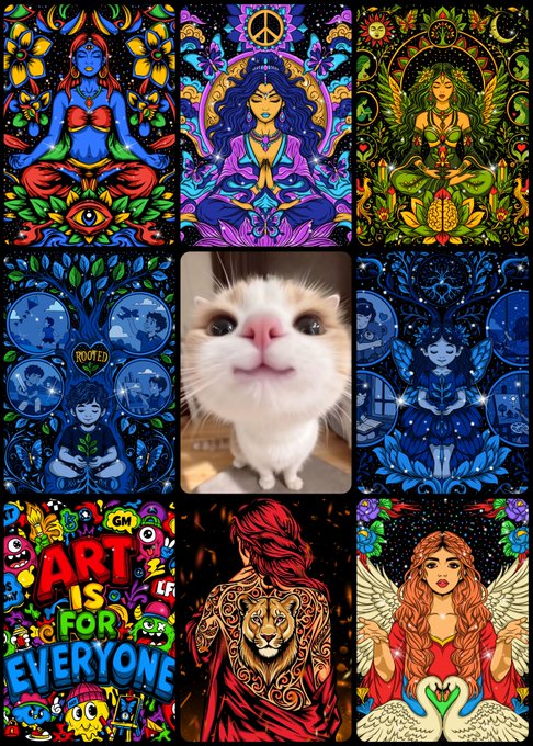 A collage of colorful psychedelic-style illustrations featuring spiritual figures, including one labeled 'ROOTED' and another with text 'ART IS FOR EVERYONE', surrounding a central photo of a small fluffy white kitten.