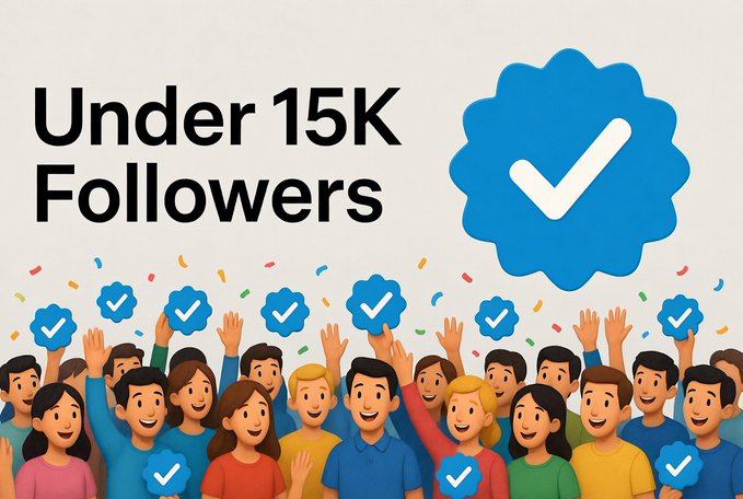 A graphic illustration showing 'Under 15K Followers' with a large blue verified checkmark badge, depicting a crowd of cheering people holding similar verification icons amid confetti.