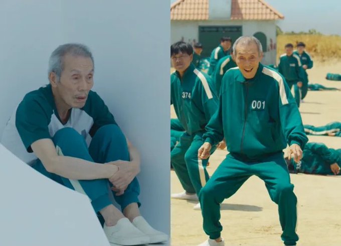Side-by-side images of an elderly man with gray hair: on the left, sitting alone on a white bed in a dark shirt and pants, and on the right, wearing a green tracksuit with the number '001' in what appears to be a Squid Game-style scene with others in numbered tracksuits.