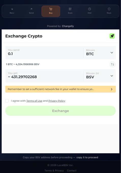 The image shows the "Buy" section of the LocalBSV wallet powered by Changelly, displaying an exchange interface to convert 0.1 Bitcoin (BTC) into approximately 431.29702268 Bitcoin SV (BSV) at a rate of 1 BTC = 4,324.1956906 BSV. This visual directly supports the post's announcement about Changelly's integration into LocalBSV, which allows users to convert thousands of crypto assets into BSV through a widget accessible via the "Buy BSV" option in the wallet.