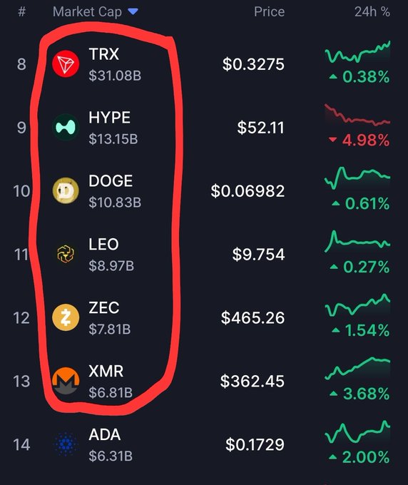 A cryptocurrency market cap ranking table showing tokens TRX ($31.08B), HYPE ($13.15B), DOGE ($10.83B), LEO ($8.97B), ZEC ($7.81B), and XMR ($6.81B) circled in red, with their prices and 24h percentage changes.