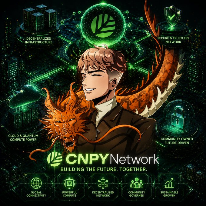 A promotional graphic for 'CNPY Network' featuring an anime-style character with a dragon, surrounded by icons highlighting features like 'Decentralized Infrastructure,' 'Secure & Trustless Network,' and 'Cloud & Quantum Compute Power.'