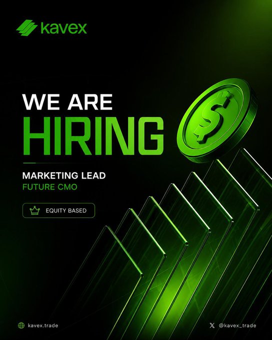 A dark green and black "We Are Hiring" recruitment graphic for Kavex (kavex.trade, @kavex_trade) seeking a Marketing Lead / Future CMO on an equity-based basis, featuring a 3D dollar coin balanced atop a rising staircase. The image visually reinforces the post's call for a Growth Partner by symbolizing upward career trajectory and financial opportunity through the ascending steps and currency imagery.