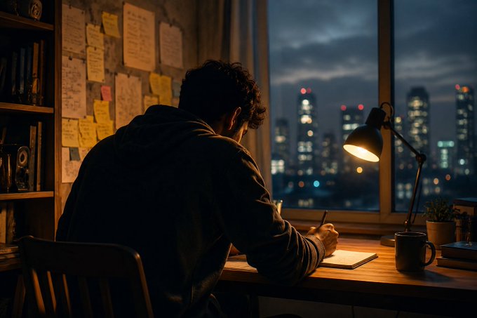 A man sits at a wooden desk by a window at night, writing in a notebook by lamplight with a city skyline visible outside.