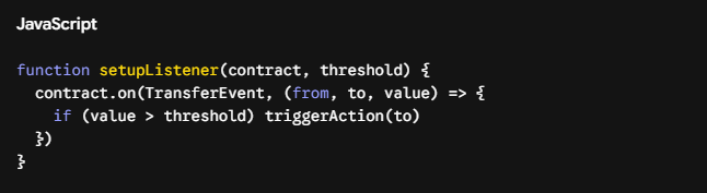 The image shows a long, black text box with a yellow highlight that reads "function listeners (contacts)". The focus of this image is related to the code posted below it, which appears to be a part of an AI agent's programming session. The code seems to be setting up a function listener for onchain events and triggers, allowing the AI agent to monitor and react accordingly in real-time.