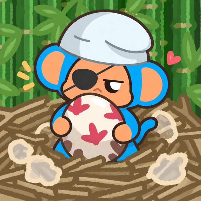 A cartoon blue monkey character wearing an eggshell hat and an eyepatch clutches a spotted egg while sitting in a nest.