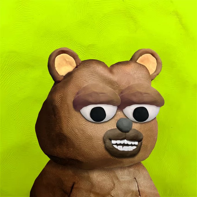 A 3D claymation-style brown bear with a toothy grin and wide eyes on a lime green background, shown as the poster's profile picture. The post kicks off a daily series featuring different "Clay Stonkz" NFTs, with this bear being their own PFP currently priced at $21 (0.0087 ETH).