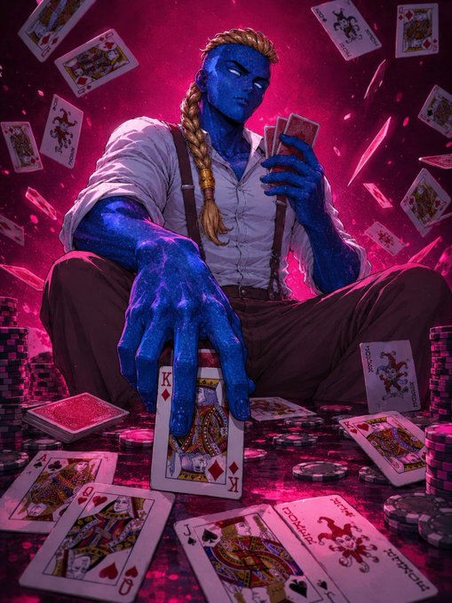 A fantasy digital painting portrays a blue-skinned character with a blonde braid sitting cross-legged amidst a scatter of playing cards and poker chips against a deep pink and red background, holding a King of Diamonds.