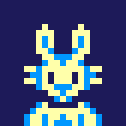 A pixel-art yellow rabbit-like character with blue accents stands against a dark blue background.