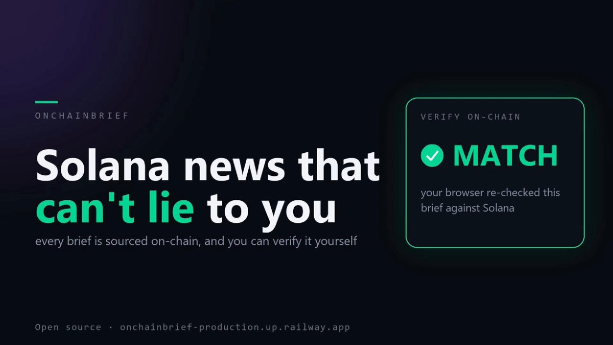 This image shows a dark green rectangle with the title "OnchainBrief" written in white letters at the top, followed by three smaller words: "1/5", "OnchainBrief", and "Can't lie to you". The background of the image is black. Below the title, there is an animated graphic that reads out loud, "Match! Your browser re-checked this site against Solana's." This text suggests that the article on Solana News may contain information about a specific event or situation related to Solana.