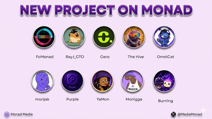 The image features a poster with various logos, including one for "MONAD" and another for "fomonad". The poster also includes text that reads "NEW PROJECT ON MONAD @fomonad_wtf @joinCero @thehive on monad #Monad". The post is about a new project related to the Monad game, which has been created by @fomonad and @joinCero.