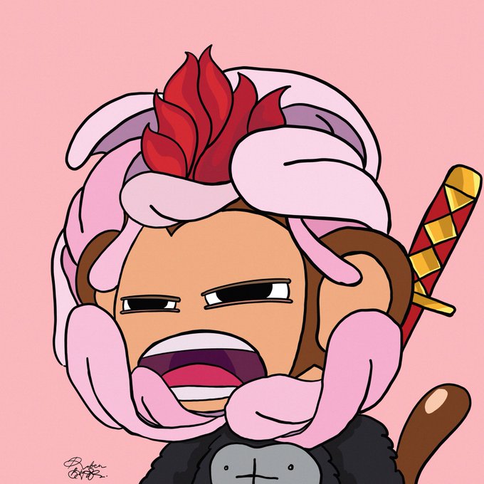 A digital illustration of an anime-style monkey character with a red flame-like tuft, pink ribbon wrappings, and a sword with a checkered hilt on its back.