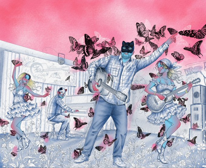 An artistic illustration of masked musicians playing guitars and piano, surrounded by black butterflies against a pink background with flowers and buildings.