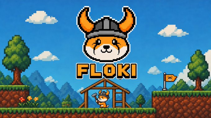 The image features a cartoon character with an orange hat and a brown beard wearing a helmet that has a picture of a Viking head on it. The character appears to be standing next to a wooden structure or building, possibly a castle or a house. In the background, there are mountains visible in the distance. The post also includes text that reads "8-bit Floki, real builder energy". This suggests that the image is related to a video game or animation featuring the character Floki as a player who uses his Viking-inspired helmet and armor for building structures within a virtual world.