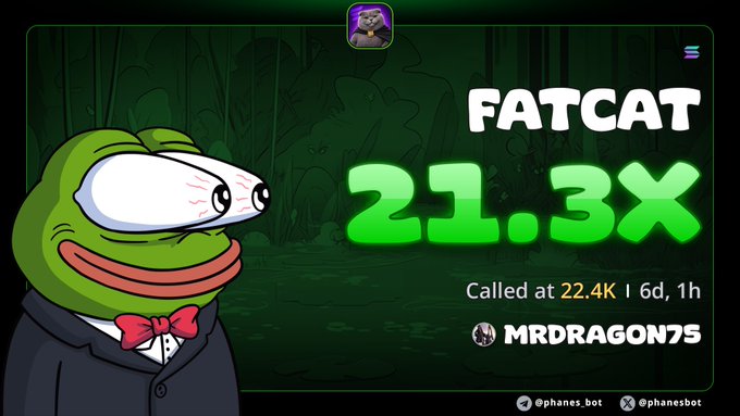 A Phanes bot call notification showing 'FATCAT' token with a 21.3x gain, called at 22.4K by user MRDRAGON75, featuring a Pepe-style cartoon character in a tuxedo.