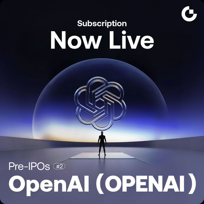 A promotional graphic announcing that OpenAI (OPENAI) pre-IPO subscriptions are now live on Gate, featuring the iconic OpenAI knot logo on a celestial backdrop with a silhouetted figure standing beneath it, alongside key details: 27,700 shares at $722 each, payable in $USDT or $GUSD.