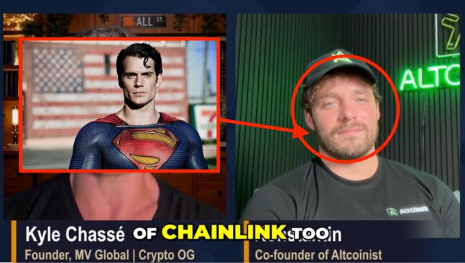 A video thumbnail showing Henry Cavill as Superman in an inset image with an arrow pointing to a man identified as 'Kyle Chassé OF CHAINLINK... Founder, MV Global | Crypto OG, Co-founder of Altcoinist'.
