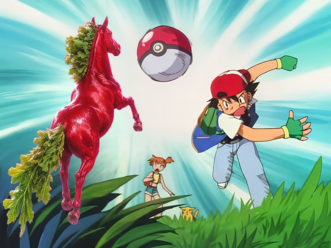 A digital collage featuring anime characters Ash, Misty, and Pikachu from Pokémon alongside a red horse made of beets/leaves and a Poké Ball against a bright blue background.