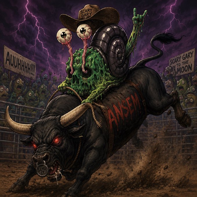 A chaotic digital illustration depicts a green slug-like creature with eyeballs on stalks riding a black bull in a rodeo arena, with the bull branded 'ANSEM' and the slug wearing a 'SCARY GARY' cowboy hat, while signs in the crowd read 'AUUUHHH!!!' and 'SCARY GARY TO THE MOON'.