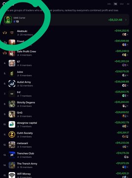 A mobile screenshot of a cryptocurrency or trading app leaderboard showing user groups with their profit/loss rankings, with 'CWG Camel' highlighted by a green circle at the top.